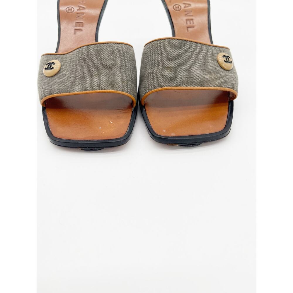 Chanel Vintage y2k Gray Canvas CC Logo Square Toe Mule Sandals Heels EU 37 - Picture 9 of 14